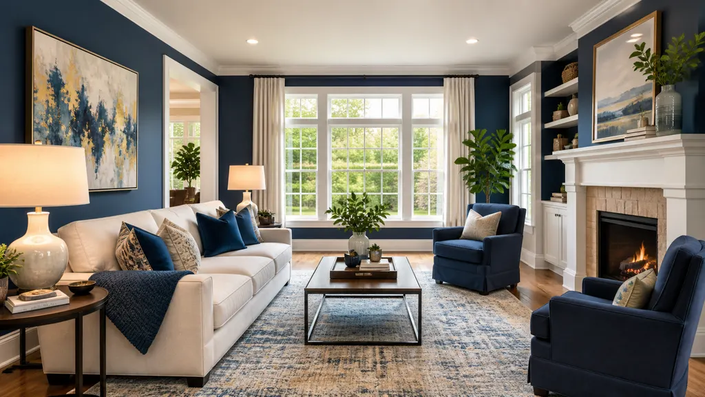 Navy living room with white window trim, built-ins, and a fireplace