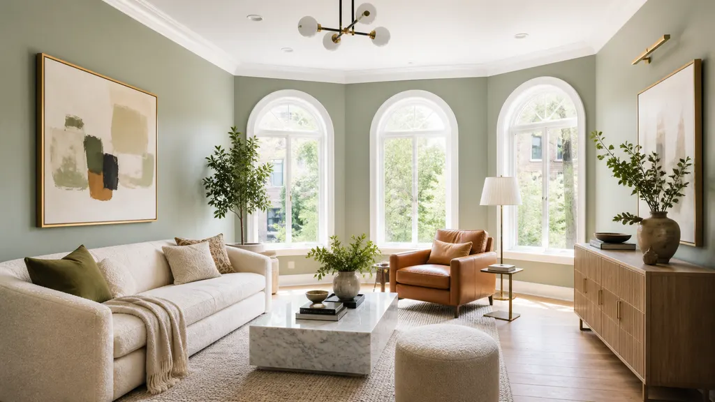 Sage-green sitting room with three arched windows and a brass fixture