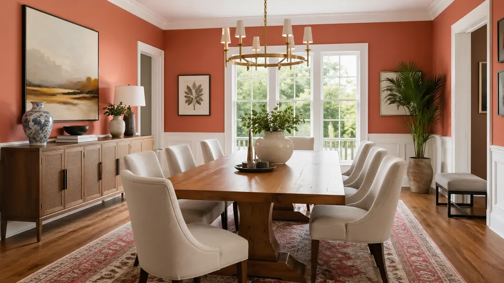Terracotta dining room with original trim and a chandelier